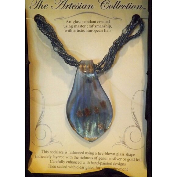 Blue Artesian Art Glass Pendant With Beaded Necklace and Cord in Gift Box JH4282 - Picture 1 of 3
